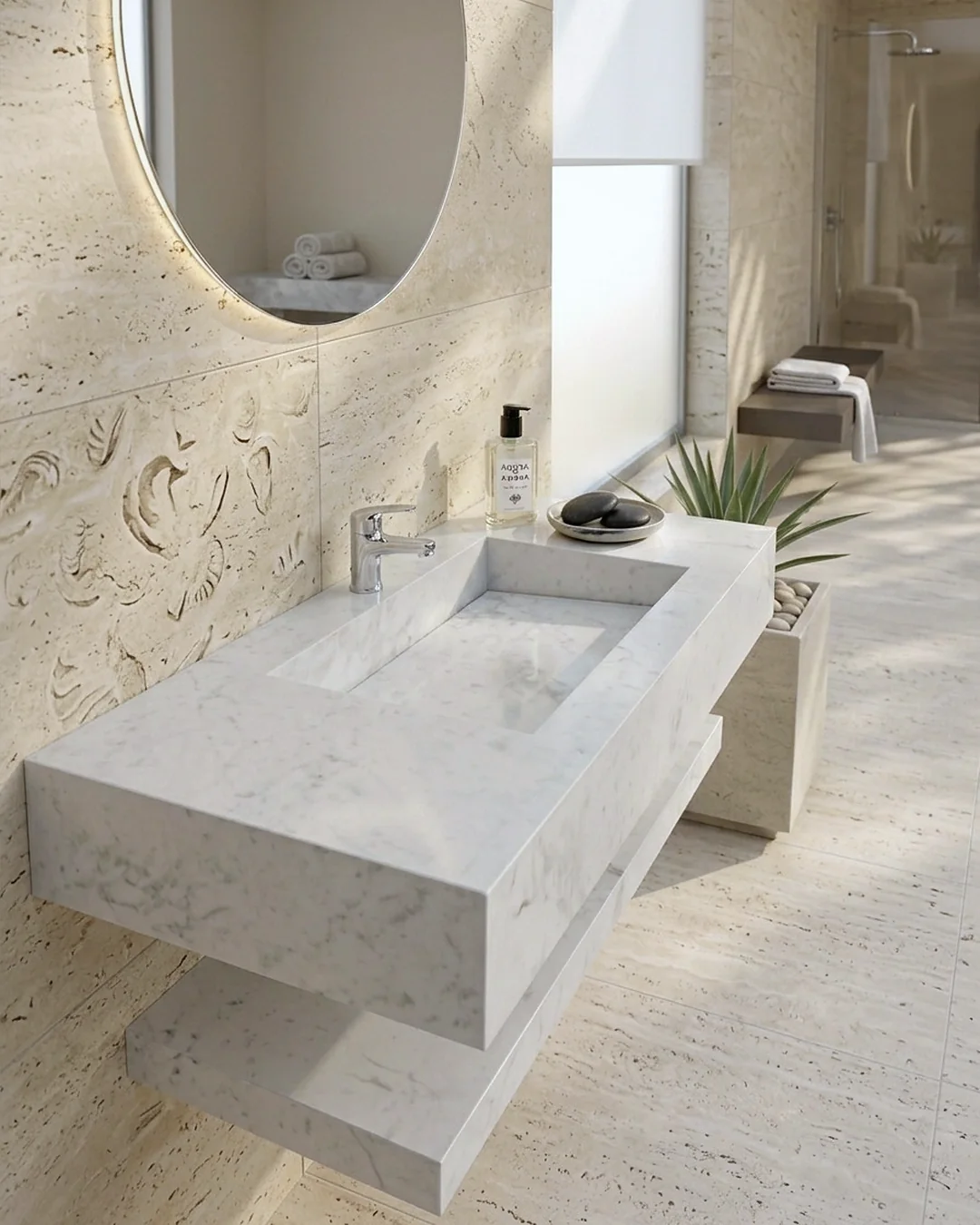 Doppio ripiano: lavabo e mensola dallo stesso gres, effetto marmo bianco