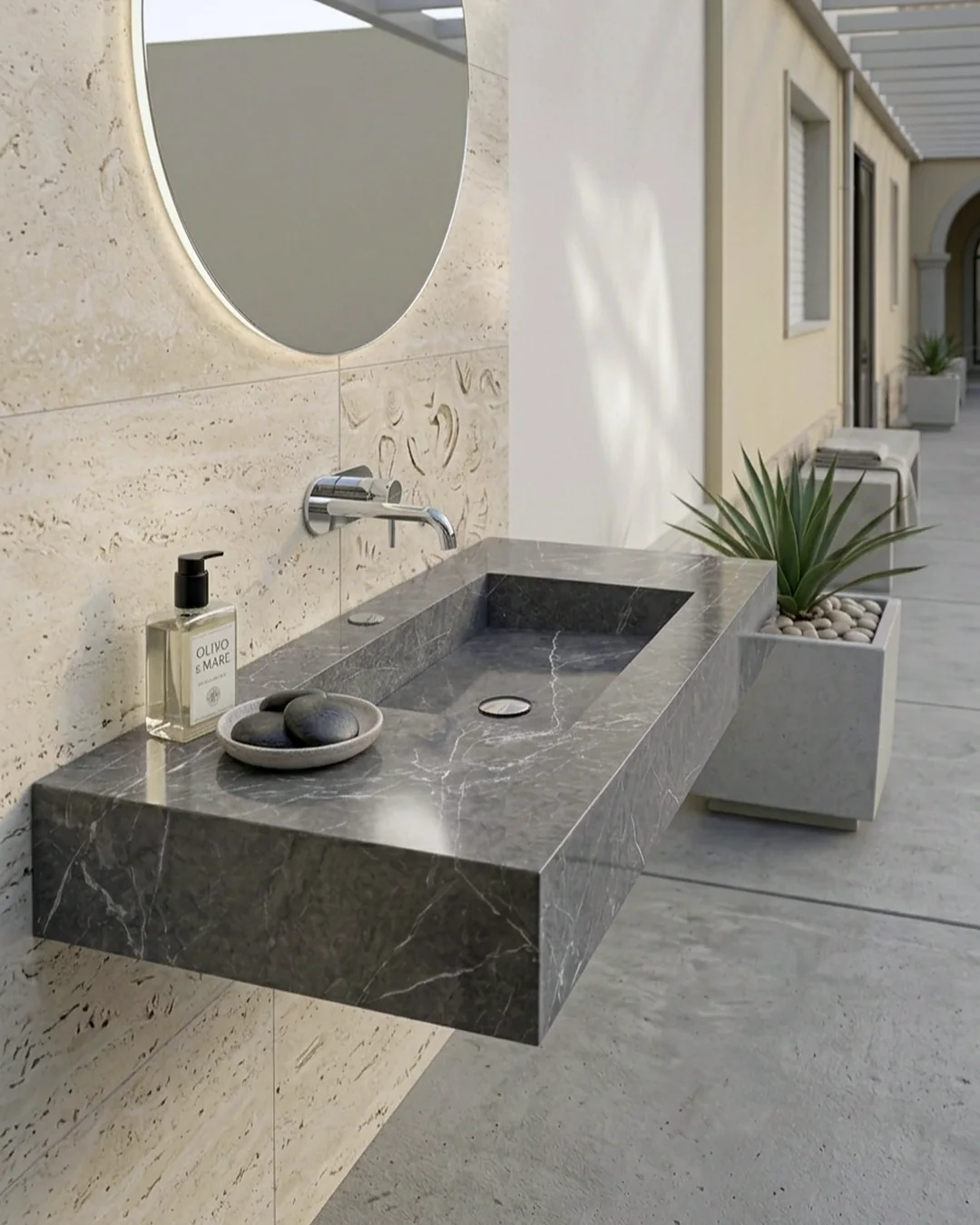 Lavabo grigio: rubinetto a muro, piletta a vista, effetto grigio venato