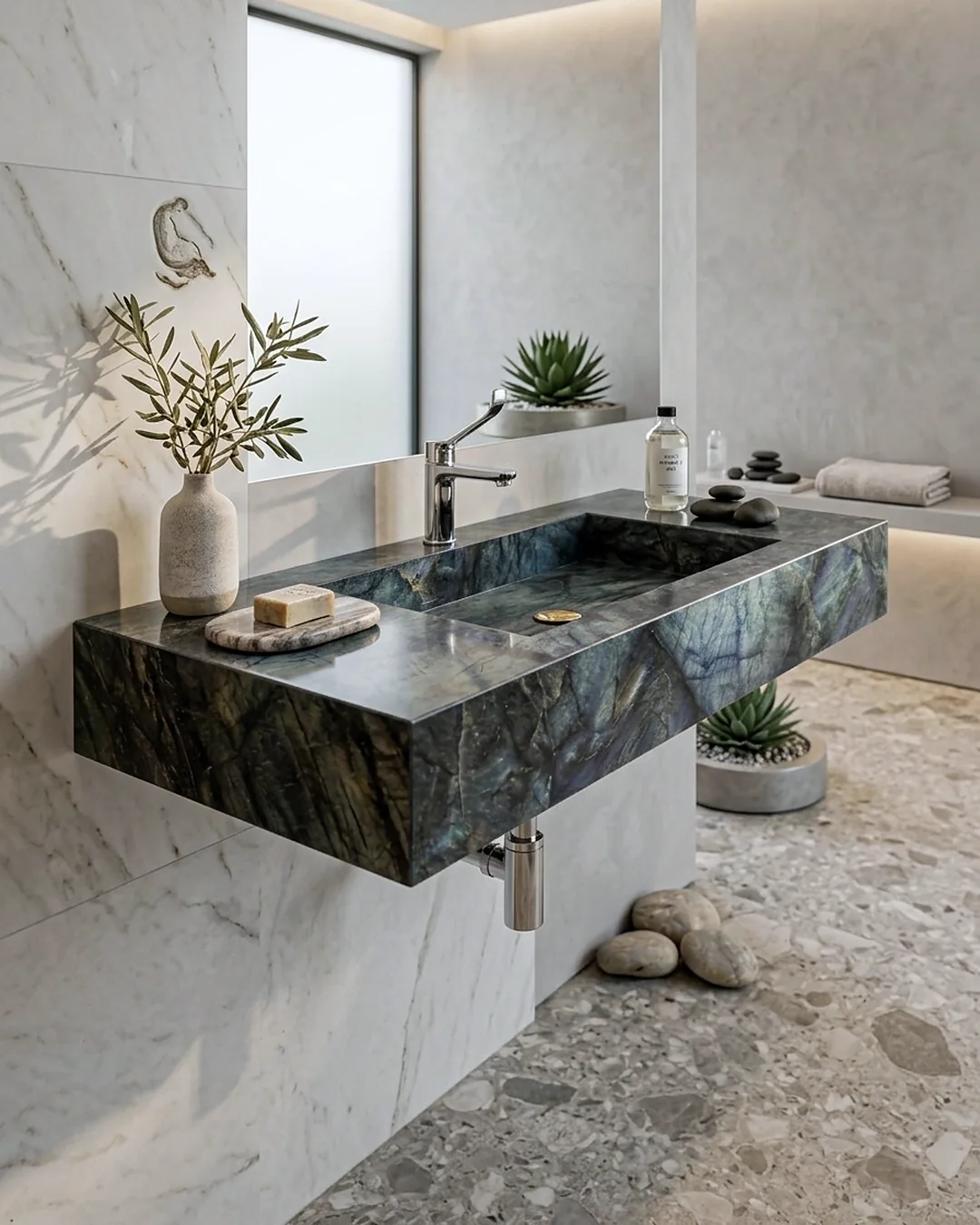 Lavabo blu-verde: piano spesso, piletta dorata, effetto labradorite