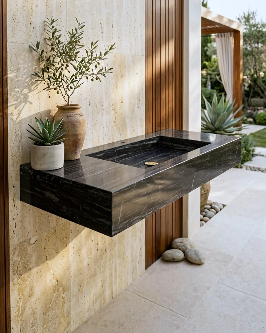Lavabo con piano: vasca e piano d'appoggio in un pezzo solo, effetto nero striato